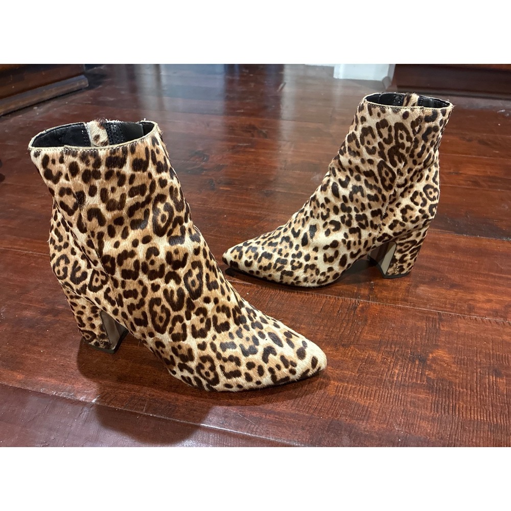 Sam Edelman Ankle Boots Women 8 'Hilty' Leopard Calf Hair Block Heel Pointed Toe